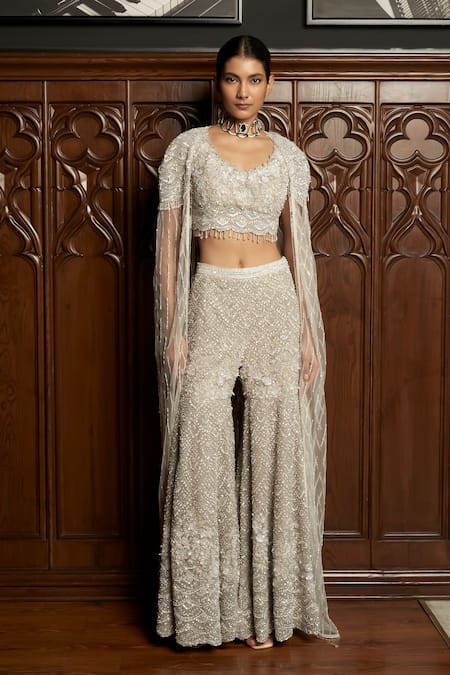 Istya Gray Net Beads, Sequins Scoop Neck, Open Grey Embellished Sharara And Cape Set 