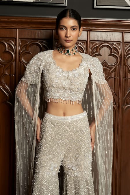 Buy_Istya_Gray Net Beads, Sequins Scoop Neck, Open Grey Embellished Sharara And Cape Set _Online_at_Aza_Fashions