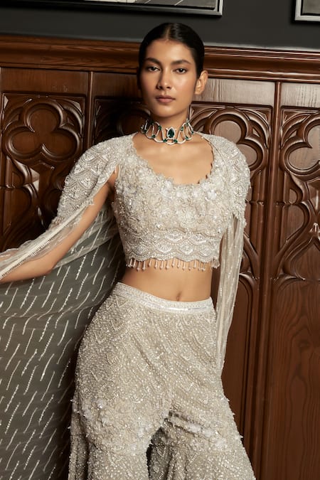 Shop_Istya_Gray Net Beads, Sequins Scoop Neck, Open Grey Embellished Sharara And Cape Set _Online_at_Aza_Fashions