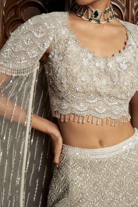 Istya_Gray Net Beads, Sequins Scoop Neck, Open Grey Embellished Sharara And Cape Set _at_Aza_Fashions