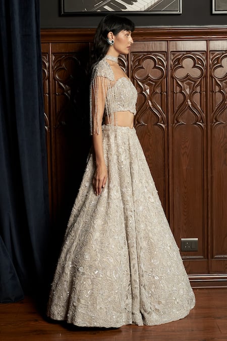 Istya Gray Net Sequins, Embroidery Sweetheart Grey Embellished Lehenga And Cape Set Online at Aza Fashions Istya_Gray Net Sequins, Embroidery Sweetheart Grey Embellished Lehenga And Cape Set _Online_at_Aza_Fashions