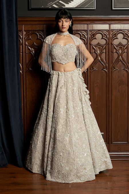 Buy Istya Gray Net Sequins, Embroidery Sweetheart Grey Embellished Lehenga And Cape Set Buy_Istya_Gray Net Sequins, Embroidery Sweetheart Grey Embellished Lehenga And Cape Set