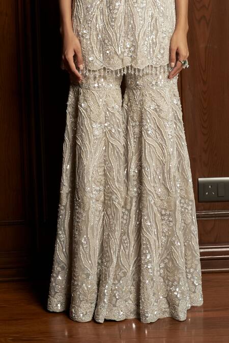 Istya Gray Net Sequins, Beads V-neck Grey Embellished Kurta Sharara Set Online at Aza Fashions Istya_Gray Net Sequins, Beads V-neck Grey Embellished Kurta Sharara Set _Online_at_Aza_Fashions