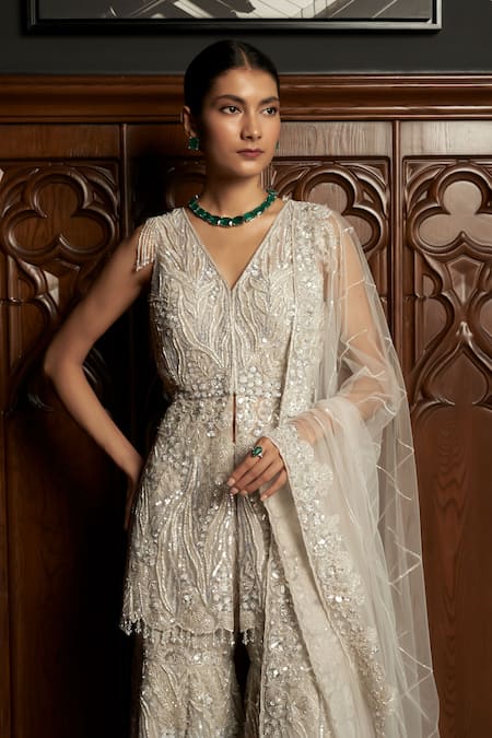 Shop Istya Gray Net Sequins, Beads V-neck Grey Embellished Kurta Sharara Set Online at Aza Fashions Shop_Istya_Gray Net Sequins, Beads V-neck Grey Embellished Kurta Sharara Set _Online_at_Aza_Fashions