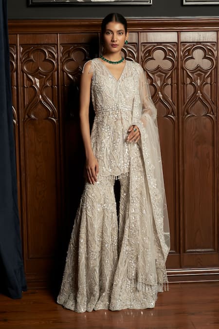 Istya Gray Net Sequins, Beads V-neck Grey Embellished Kurta Sharara Set 