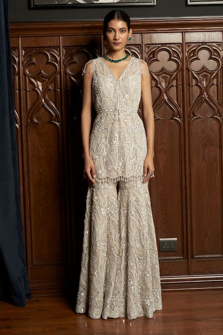 Istya Gray Net Sequins, Beads V-neck Grey Embellished Kurta Sharara Set at Aza Fashions Istya_Gray Net Sequins, Beads V-neck Grey Embellished Kurta Sharara Set _at_Aza_Fashions