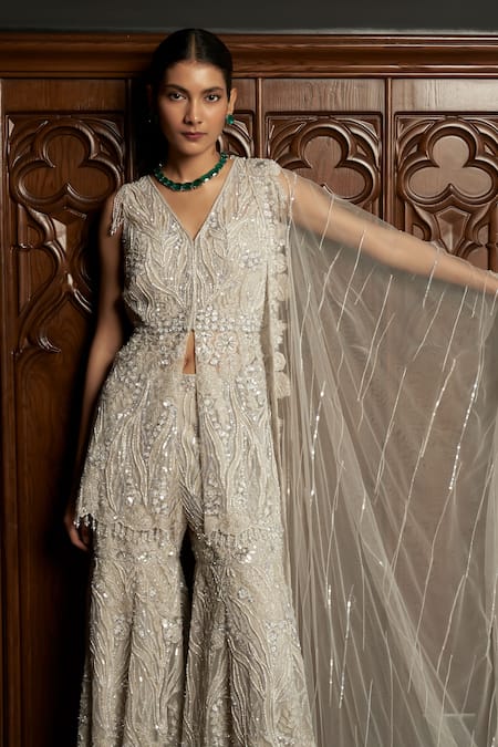 Buy Istya Gray Net Sequins, Beads V-neck Grey Embellished Kurta Sharara Set Buy_Istya_Gray Net Sequins, Beads V-neck Grey Embellished Kurta Sharara Set