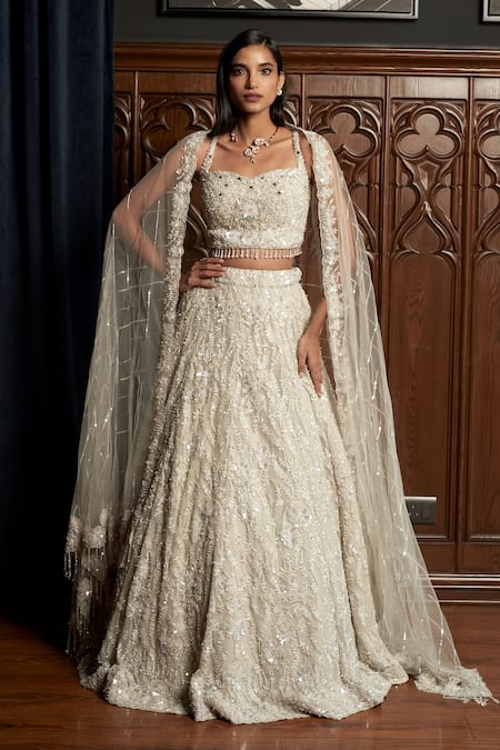 Istya Off White Net Beads, Sequins, Crystals, Embroidery, Grey Embellished Lehenga Set 
