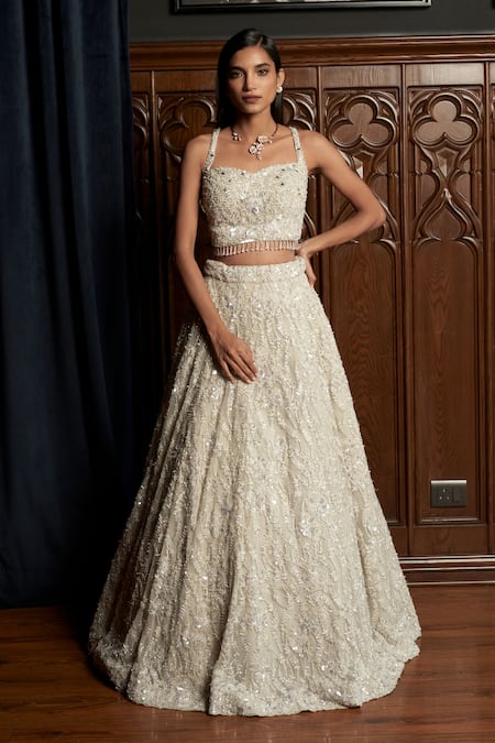 Istya Off White Net Beads, Sequins, Crystals, Embroidery, Grey Embellished Lehenga Set Online at Aza Fashions Istya_Off White Net Beads, Sequins, Crystals, Embroidery, Grey Embellished Lehenga Set _Online_at_Aza_Fashions