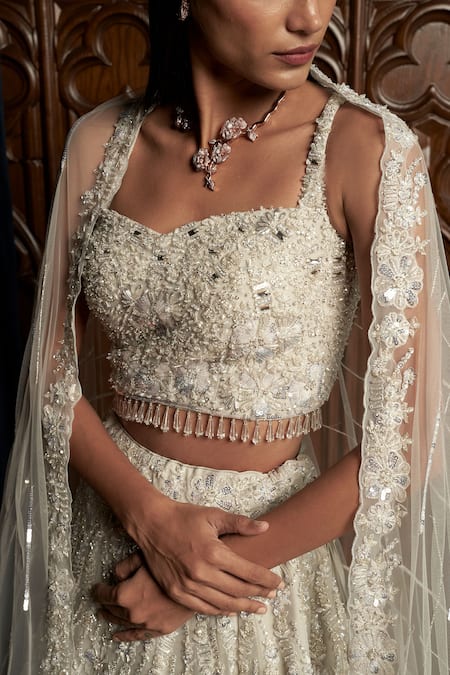 Istya Off White Net Beads, Sequins, Crystals, Embroidery, Grey Embellished Lehenga Set at Aza Fashions Istya_Off White Net Beads, Sequins, Crystals, Embroidery, Grey Embellished Lehenga Set _at_Aza_Fashions