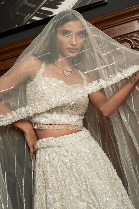 Buy Istya Off White Net Beads, Sequins, Crystals, Embroidery, Grey Embellished Lehenga Set Buy_Istya_Off White Net Beads, Sequins, Crystals, Embroidery, Grey Embellished Lehenga Set