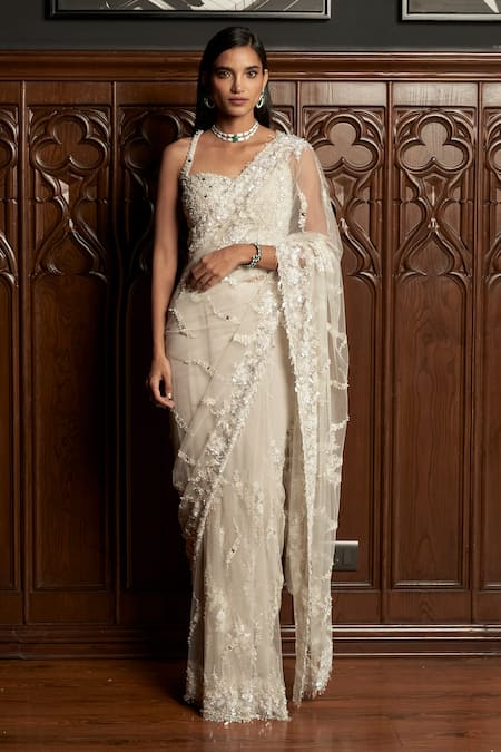 Istya Grey Embellished Saree Set With Cape 
