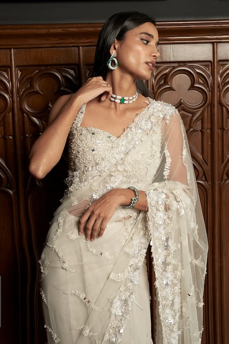 Istya_Gray Net Sequins, Beads Sweetheart Neck, Grey Embellished Saree Set With Cape _Online_at_Aza_Fashions