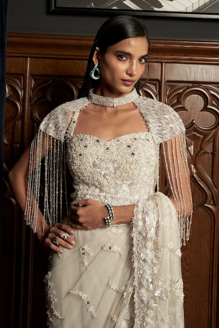 Buy_Istya_Gray Net Sequins, Beads Sweetheart Neck, Grey Embellished Saree Set With Cape _Online_at_Aza_Fashions