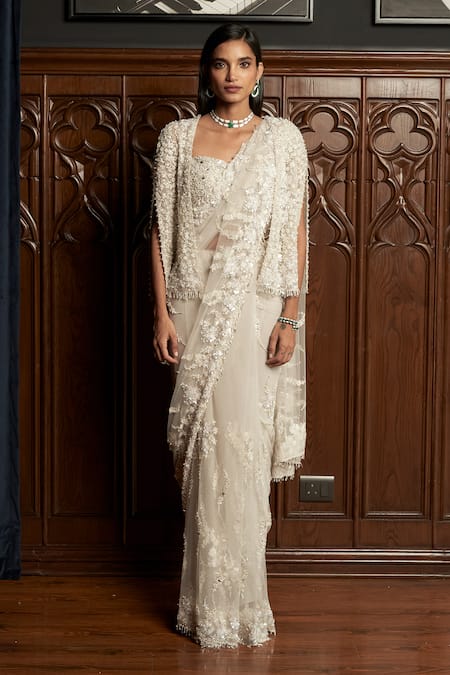 Istya Gray Net Sequins, Embroidery Square Neck, Grey Embellished Saree Set With Jacket