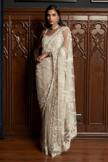 Istya_Gray Net Sequins, Embroidery Square Neck, Grey Embellished Saree Set With Jacket _Online_at_Aza_Fashions