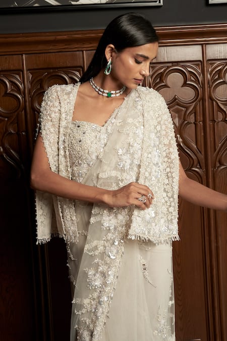 Buy_Istya_Gray Net Sequins, Embroidery Square Neck, Grey Embellished Saree Set With Jacket _Online_at_Aza_Fashions