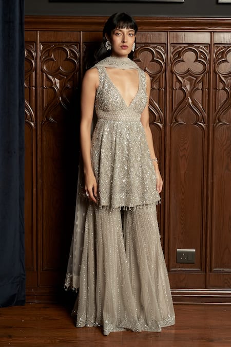 Istya Gray Net Sequins, Beads V-neck Grey Embellished Kurta Sharara Set 