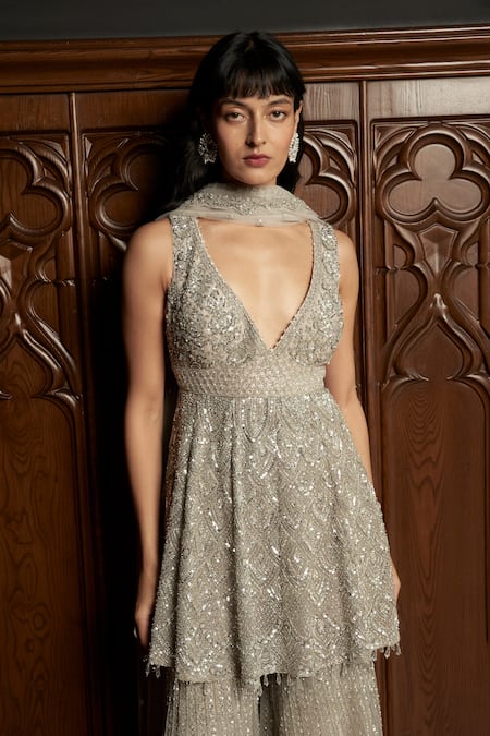 Istya_Gray Net Sequins, Beads V-neck Grey Embellished Kurta Sharara Set _Online_at_Aza_Fashions