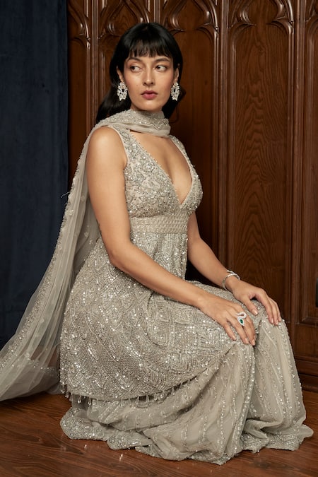 Buy_Istya_Gray Net Sequins, Beads V-neck Grey Embellished Kurta Sharara Set _Online_at_Aza_Fashions