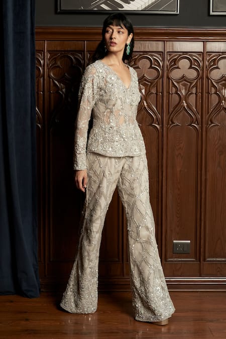 Istya_Gray Net Beads, Sequins V-neck Grey Embellished Jacket Pant Set _Online_at_Aza_Fashions