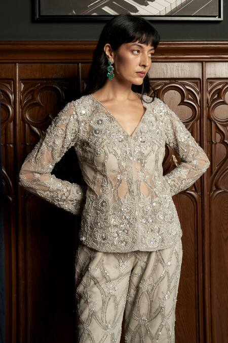 Buy_Istya_Gray Net Beads, Sequins V-neck Grey Embellished Jacket Pant Set _Online_at_Aza_Fashions