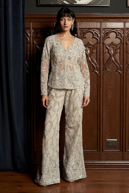 Istya Gray Net Beads, Sequins V-neck Grey Embellished Jacket Pant Set 