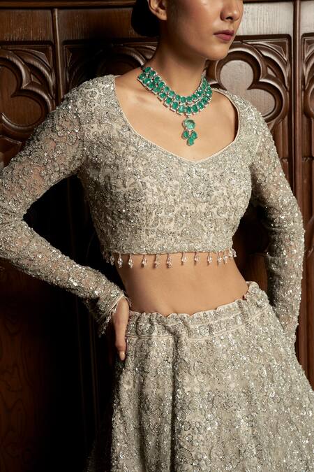Shop_Istya_Gray Net Sequins, Beads, Embroidery Scoop Grey Embellished Bridal Lehenga Set _Online_at_Aza_Fashions