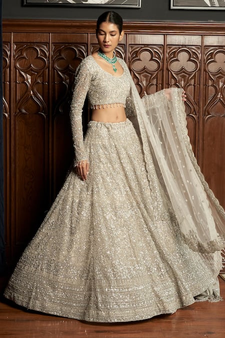 Istya_Gray Net Sequins, Beads, Embroidery Scoop Grey Embellished Bridal Lehenga Set _at_Aza_Fashions