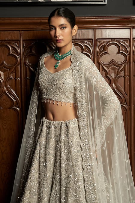 Buy_Istya_Gray Net Sequins, Beads, Embroidery Scoop Grey Embellished Bridal Lehenga Set 