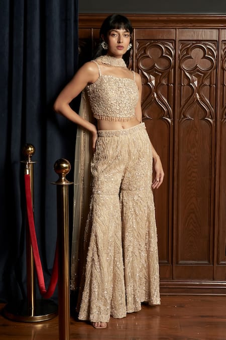 Istya Beige Net Sequins, Beads, Embroidery Embellished Sharara Set 
