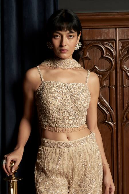 Shop_Istya_Beige Net Sequins, Beads, Embroidery Embellished Sharara Set 
