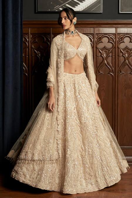 Istya Beige Net Sequins, Beads Round Neck Embellished Lehenga Set Online at Aza Fashions Istya_Beige Net Sequins, Beads Round Neck Embellished Lehenga Set _Online_at_Aza_Fashions