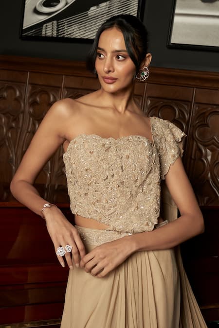 Istya_Beige Chinon Embroidery, Beads Bandeau Neck Corset With Pre-draped Saree _Online_at_Aza_Fashions