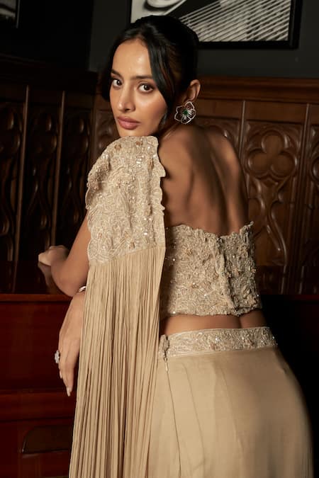 Buy_Istya_Beige Chinon Embroidery, Beads Bandeau Neck Corset With Pre-draped Saree _Online_at_Aza_Fashions