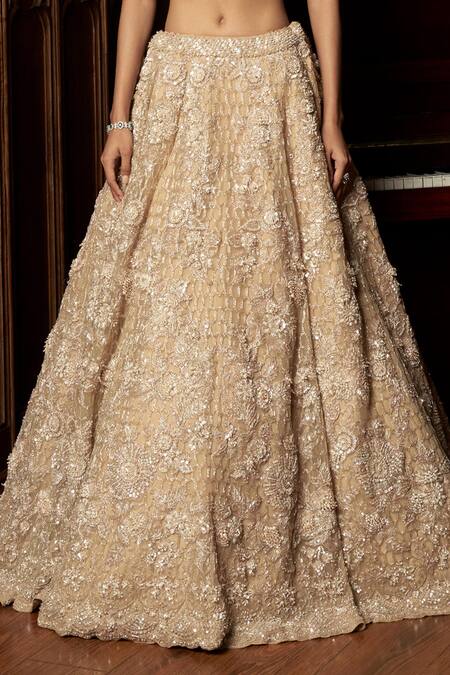 Buy_Istya_Beige Net Embroidery, Sequins, Beads Scoop Neck Embellished Lehenga Set _Online_at_Aza_Fashions