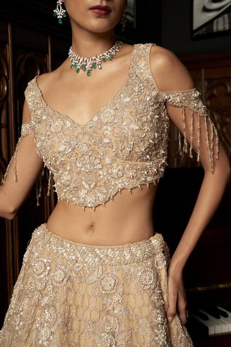 Shop_Istya_Beige Net Embroidery, Sequins, Beads Scoop Neck Embellished Lehenga Set _Online_at_Aza_Fashions
