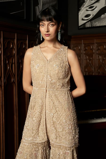 Istya_Beige Net Sequins, Embroidery V-neck Embellished Kurta Sharara Set _Online_at_Aza_Fashions