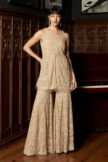 Buy_Istya_Beige Net Sequins, Embroidery V-neck Embellished Kurta Sharara Set _Online_at_Aza_Fashions
