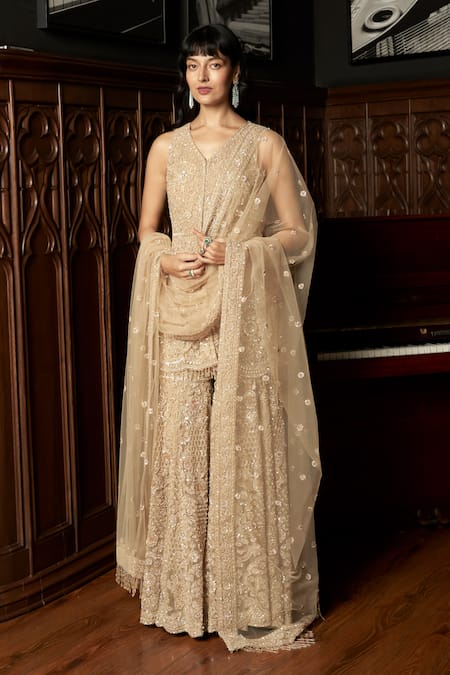 Istya Beige Net Sequins, Embroidery V-neck Embellished Kurta Sharara Set 
