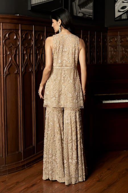 Istya Beige Embellished Kurta Sharara Set 