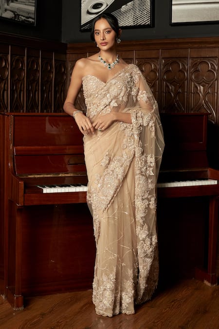 Istya Beige Net Beads, Sequins, Embroidery Sweetheart Neck Saree With Blouse 