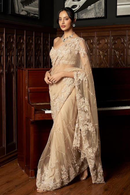 Istya_Beige Net Beads, Sequins, Embroidery Sweetheart Neck Saree With Blouse _Online_at_Aza_Fashions