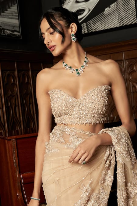 Buy_Istya_Beige Net Beads, Sequins, Embroidery Sweetheart Neck Saree With Blouse _Online_at_Aza_Fashions