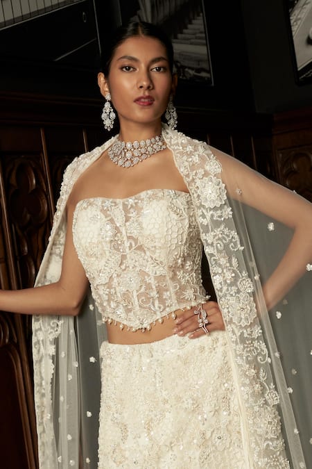 Istya_Ivory Net Sequins, Embroidery Embellished Fish Cut Lehenga Set _Online_at_Aza_Fashions