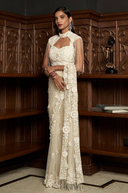 Istya_Ivory Net Beads, Embroidery High Neck Embellished Saree Set With Cape _Online_at_Aza_Fashions