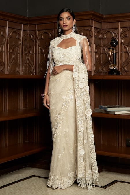 Istya Ivory Net Beads, Embroidery High Neck Embellished Saree Set With Cape 