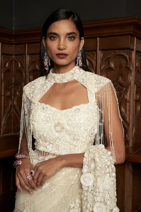 Buy_Istya_Ivory Net Beads, Embroidery High Neck Embellished Saree Set With Cape _Online_at_Aza_Fashions