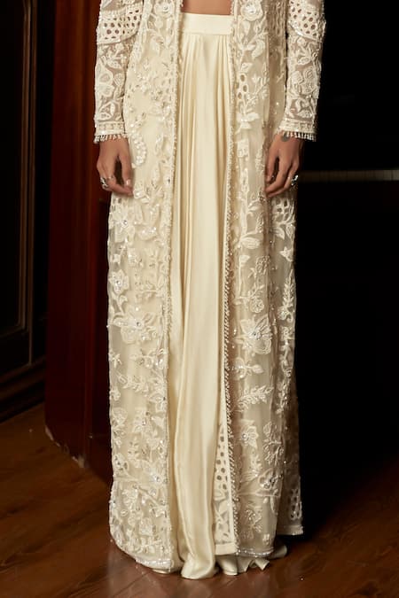 Istya_Ivory Net, Satin Sequins, Embroidery, Beads V-neck, Embellished Jacket Skirt Set _Online_at_Aza_Fashions
