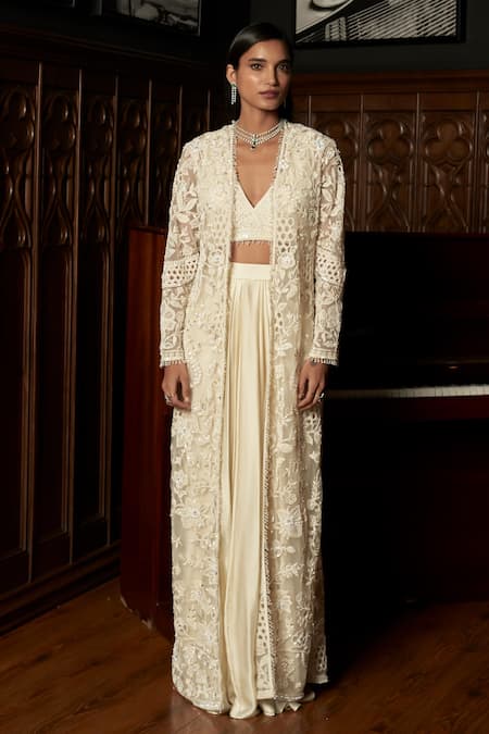 Istya Ivory Net, Satin Sequins, Embroidery, Beads V-neck, Embellished Jacket Skirt Set